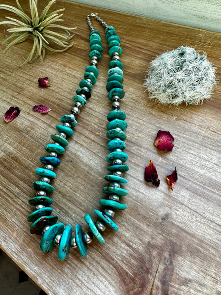 Graduated Turquoise and Sterling Silver Pearl Necklace-26 inch