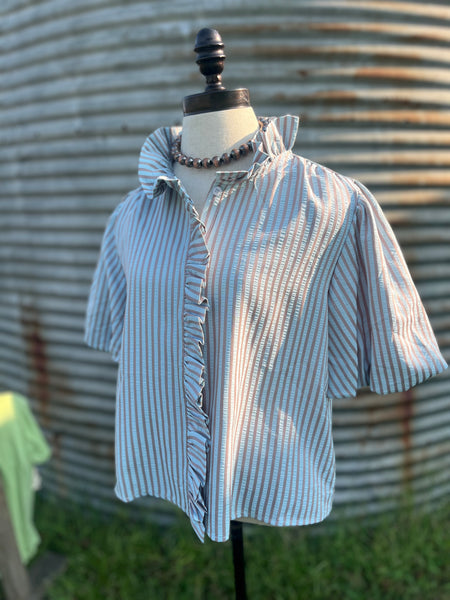 The Kenz Striped Ruffled Button Down Top