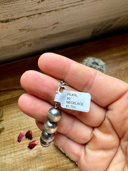Sterling Silver "Navajo Style" Pearls + Barrel Style - 30"