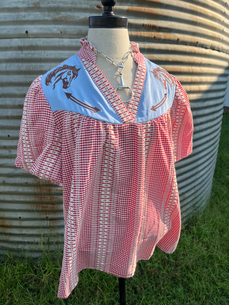 Western Pony Embroidered Yoke Puff Sleeve Gingham Blouse