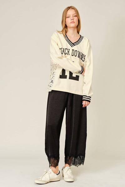 AJP6612 LACE TRIM SATIN DRAWSTRING BARREL PANTS