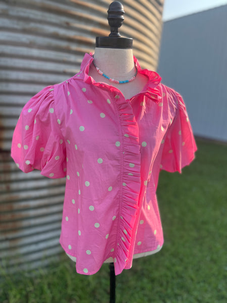 POLKA DOT RUFFLED BUTTON DOWN TOP