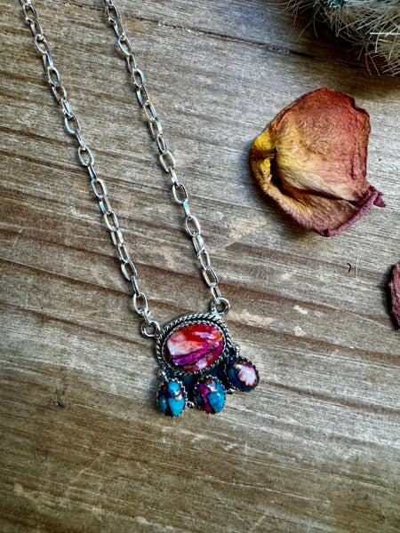 Pink Dahlia and Sterling Silver Cluster Necklace