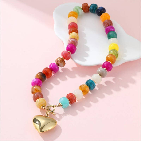 MULTI BEADED HEART CHARM TOGGLE NECKLACE | 40NK9700