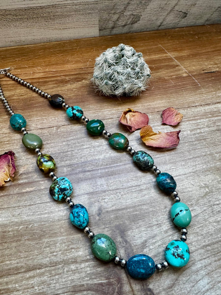 Multi-Colored Turquoise and 5mm Pearl Necklace- 23"