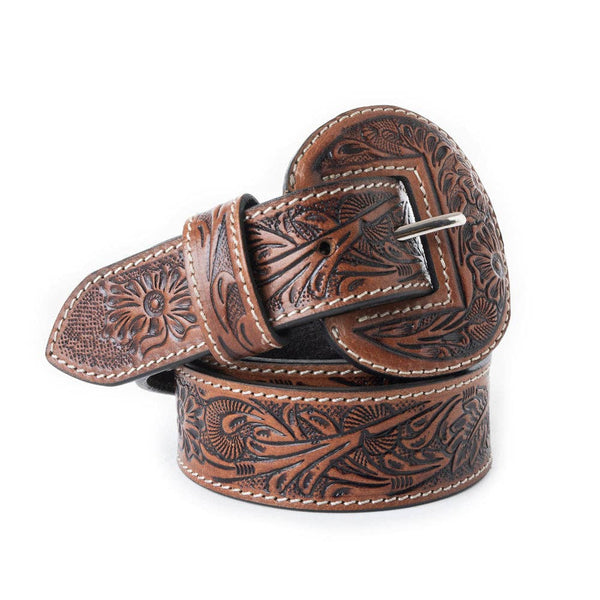 Tooled Leather Belt- Brown