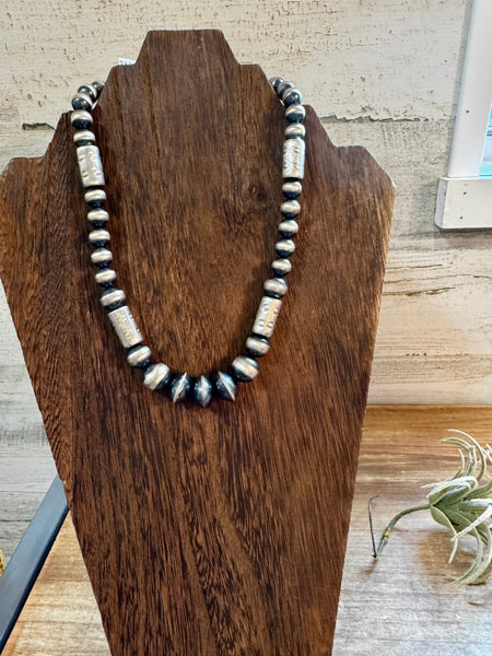 Sterling Silver "Navajo Style" Pearls + Barrel Style - 16"