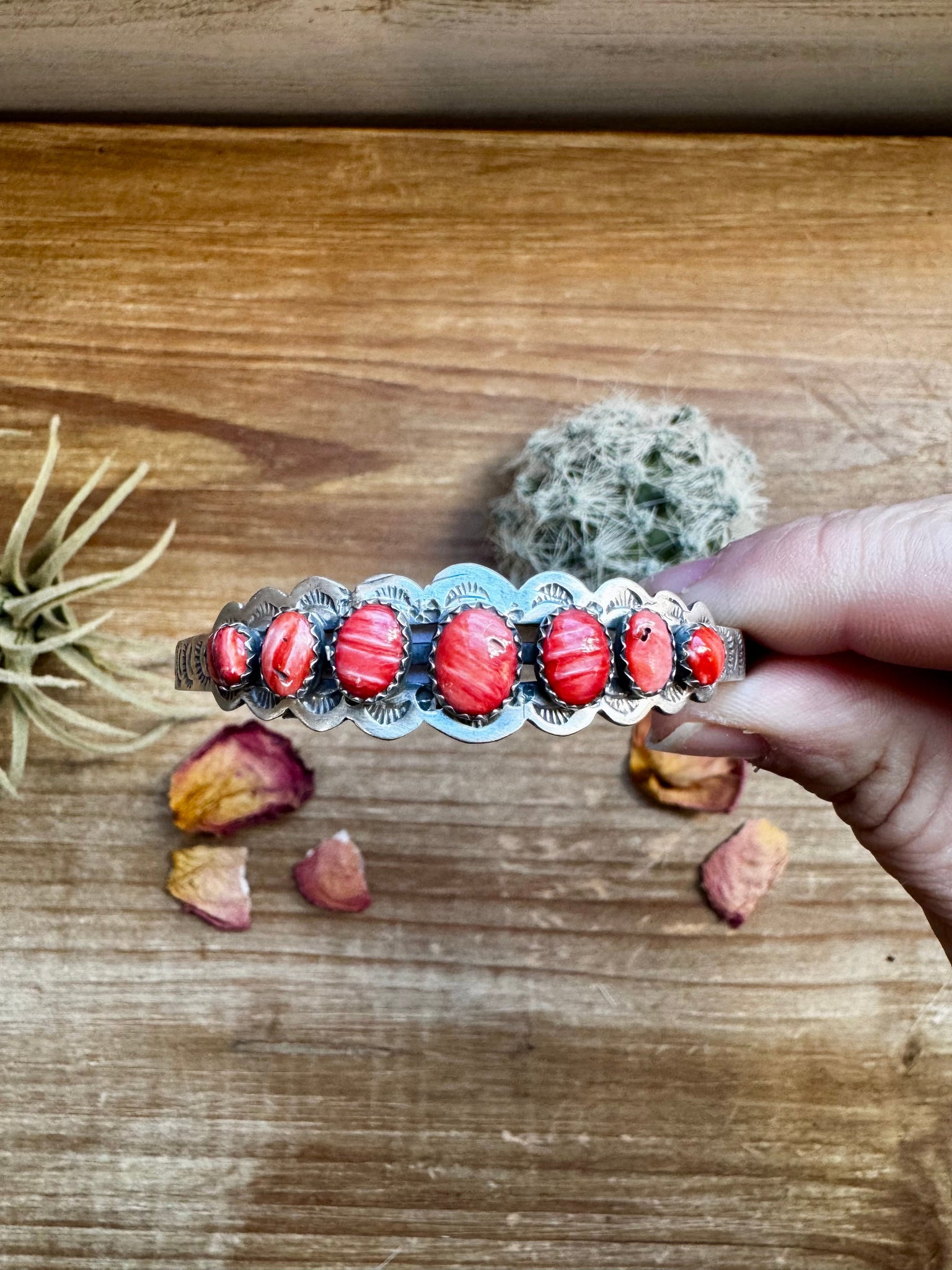 Red Spiny Oyster and Sterling Silver Cuff Bracelet