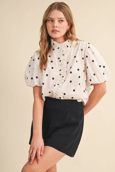 POLKA DOT RUFFLED BUTTON DOWN TOP MTP5101