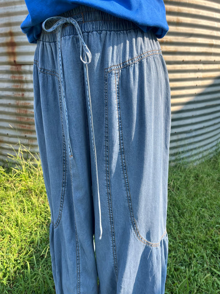 MINERAL WASHED WESTERN WIDE LEG PALAZZO CHAMBRAY PANTS
