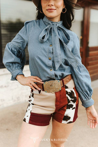Light Wash Puff Long Sleeve Bow Tie Neckline Shirt