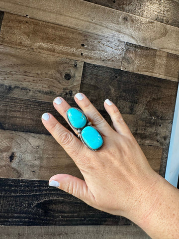 Two Stone Adjustable Kingman Turquoise Ring-Blue