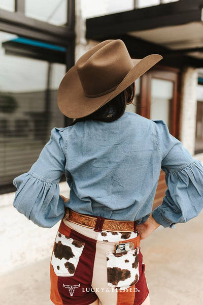 Light Wash Puff Long Sleeve Bow Tie Neckline Shirt