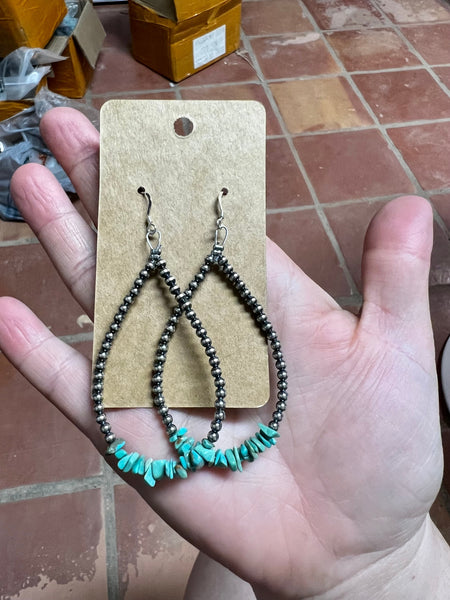 Turquoise Chips and 3mm Sterling Silver Pearls Teardrop Earrings