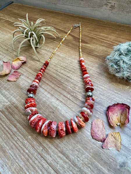 Orange Spiny Oyster and Pearl Necklace-22"