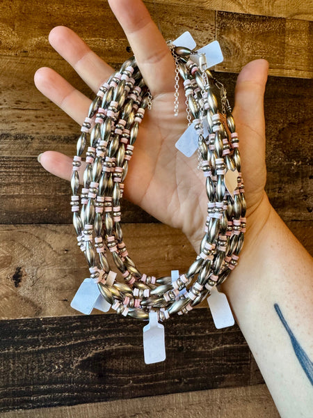 Torpedo "Navajo Style" Pearl and Pink Conch Necklace-14"