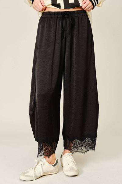 AJP6612 LACE TRIM SATIN DRAWSTRING BARREL PANTS