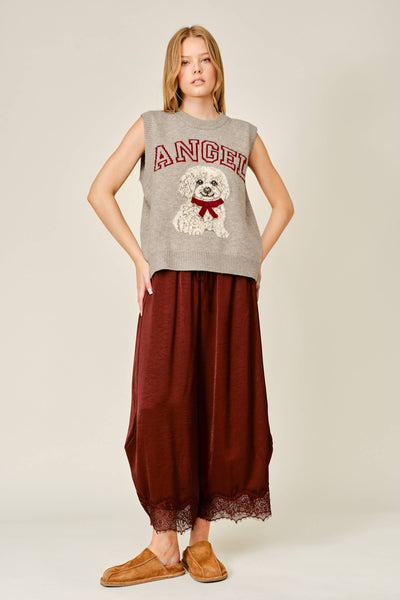 AJP6612 LACE TRIM SATIN DRAWSTRING BARREL PANTS