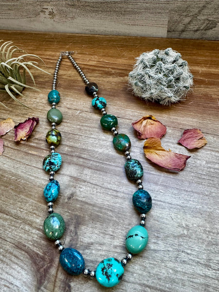 Multi-Colored Turquoise and 5mm Pearl Necklace- 23"
