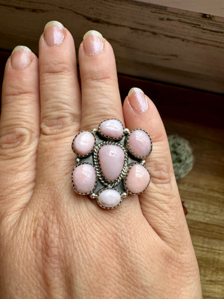 Pink Opal and Sterling Silver Cluster Ring- Adjustable
