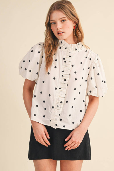 POLKA DOT RUFFLED BUTTON DOWN TOP MTP5101