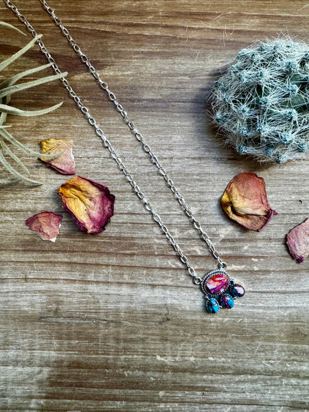 Pink Dahlia and Sterling Silver Cluster Necklace