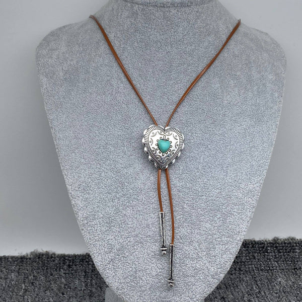 Turquoise Heart Charm Leather Rope Lariat Necklace - WJ