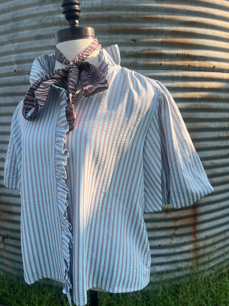 The Kenz Striped Ruffled Button Down Top