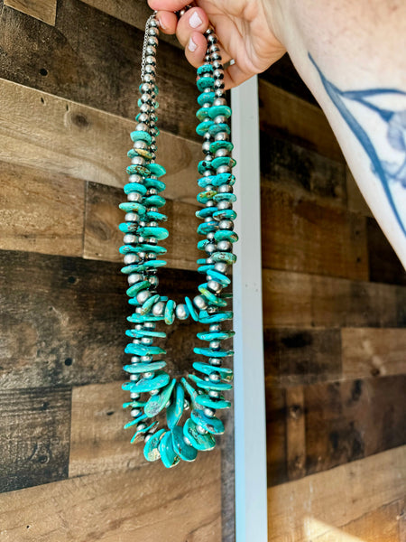 Graduated Turquoise and Sterling Silver Pearl Necklace-26 inch