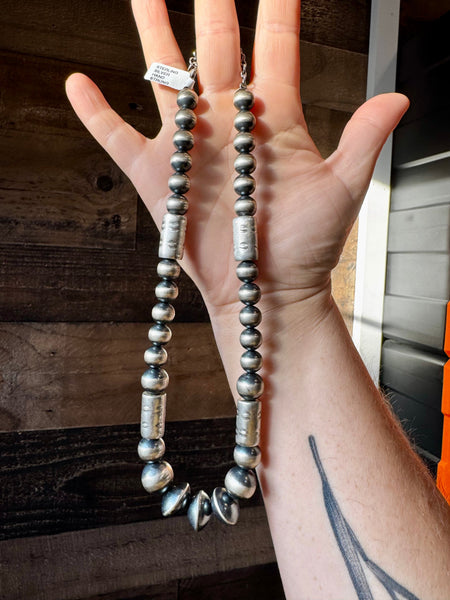 Sterling Silver "Navajo Style" Pearls + Barrel Style - 16"