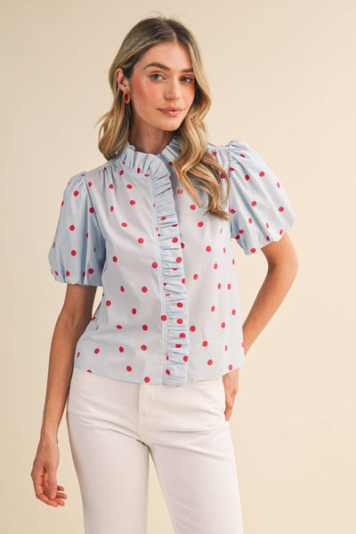 POLKA DOT RUFFLED BUTTON DOWN TOP MTP5101