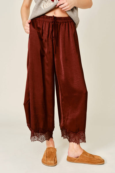 AJP6612 LACE TRIM SATIN DRAWSTRING BARREL PANTS