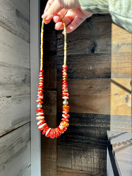 Orange Spiny Oyster and Pearl Necklace-22"
