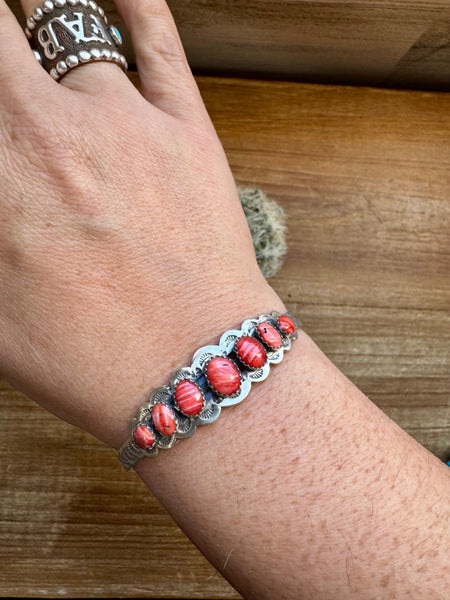 Red Spiny Oyster and Sterling Silver Cuff Bracelet
