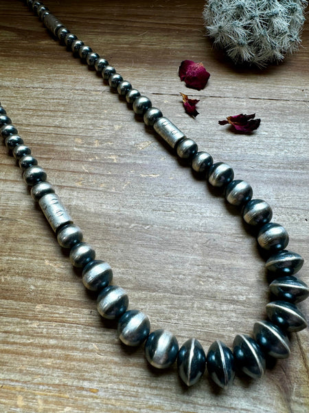 Sterling Silver "Navajo Style" Pearls + Barrel Style - 30"