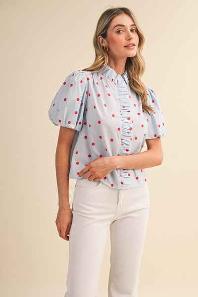 POLKA DOT RUFFLED BUTTON DOWN TOP MTP5101