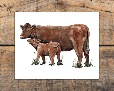 Mom and Baby Cow, Rustic Art Print: 8x10"