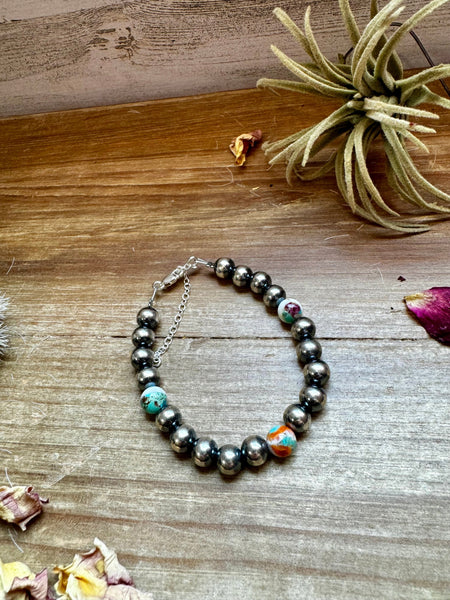 Sterling Silver "Navajo Style" Pearls and Mohave Bead Bracelet