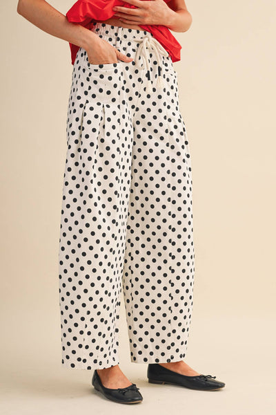 POLKA DOT PLEATED BARREL PANTS MP5098: IVORY POLKA DOT / L