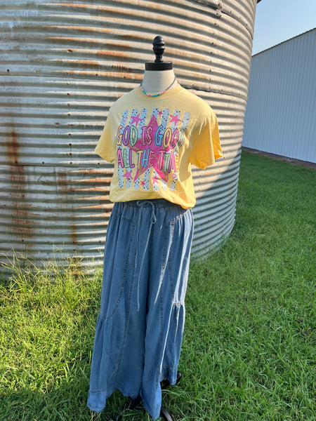 MINERAL WASHED WESTERN WIDE LEG PALAZZO CHAMBRAY PANTS