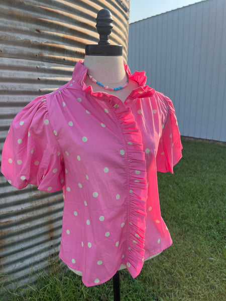 POLKA DOT RUFFLED BUTTON DOWN TOP