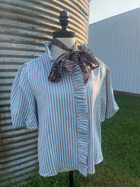 The Kenz Striped Ruffled Button Down Top