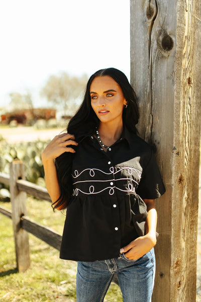 Loopty Lou Black and White Pearl Snap Top