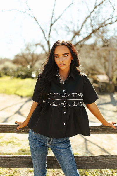 Loopty Lou Black and White Pearl Snap Top