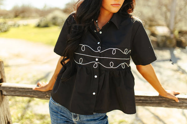 Loopty Lou Black and White Pearl Snap Top