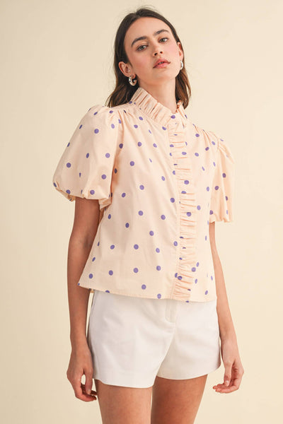 POLKA DOT RUFFLED BUTTON DOWN TOP MTP5101