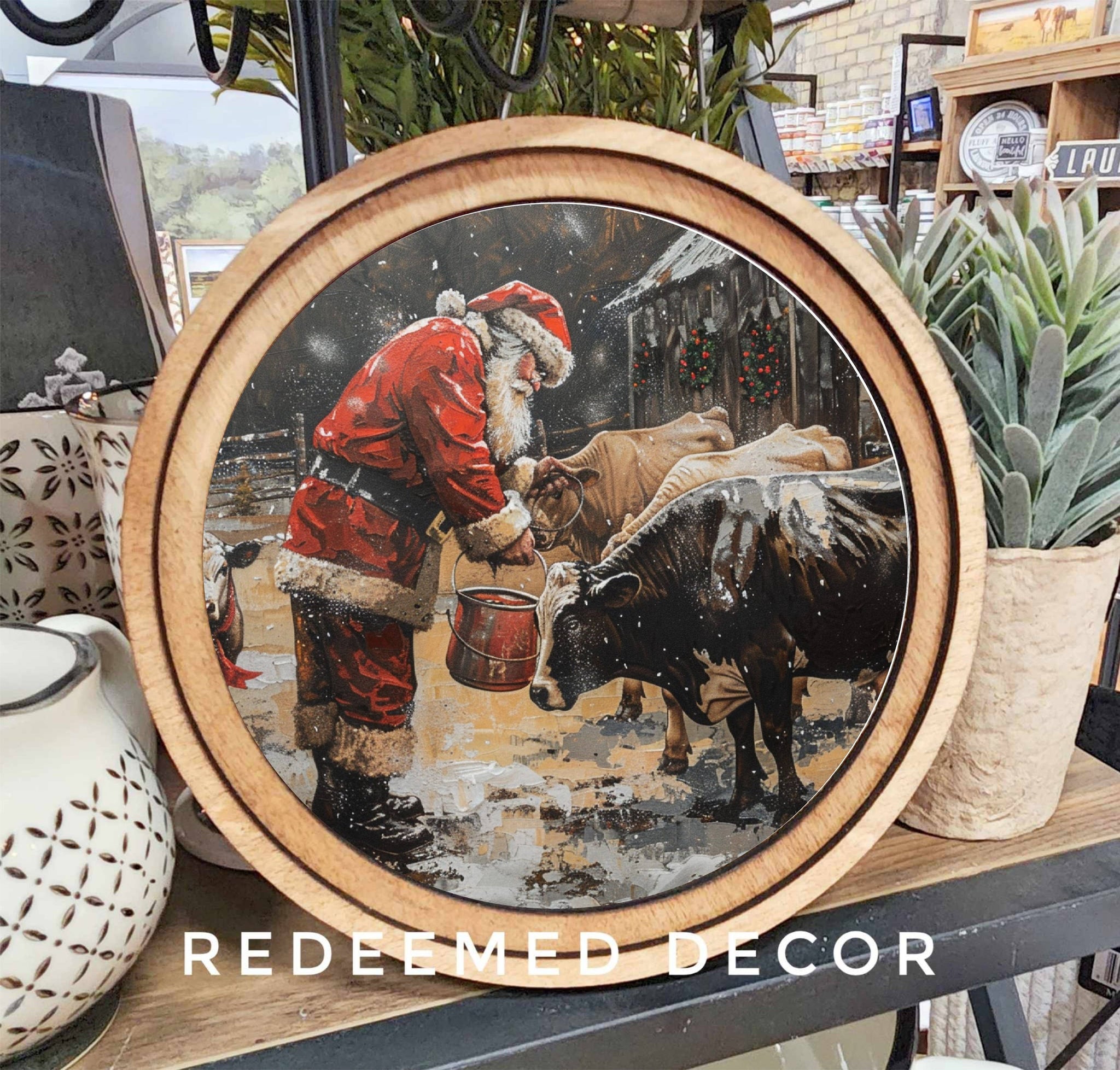 8" Round Santa With Cows Art
