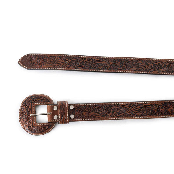Tooled Leather Belt- Brown
