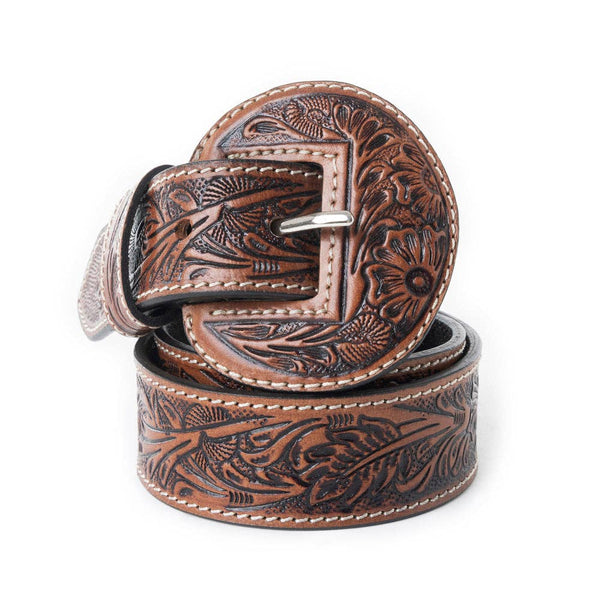 Tooled Leather Belt- Brown