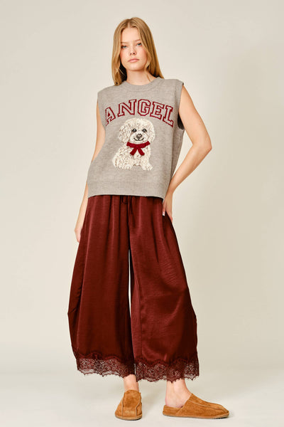 AJP6612 LACE TRIM SATIN DRAWSTRING BARREL PANTS